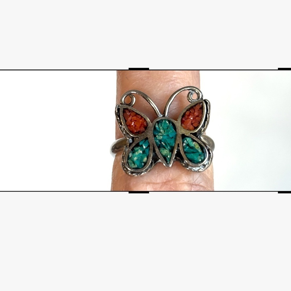 TURQUOISE & CORAL BUTTERFLY RING - Picture 2 of 3